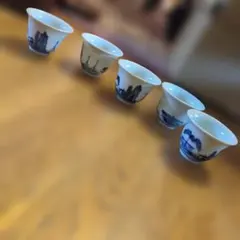 青い絵柄の陶器製お猪口5個セット
