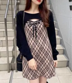 ♡美品♡ INGNI デコルテオープンチェック柄切替ニットワンピース