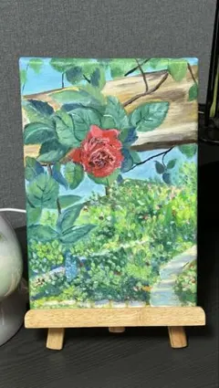「薔薇園の道」　手描き　油絵　風景画　原画　肉筆　油彩画　印象派