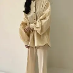 lawgy シャツ ブラウス イエロー ベージュ クリーム パイピング配色ラインのサムネイル