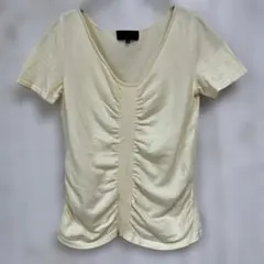 ◆アンタイトル　Vネック　半袖　ニット　プルオーバー　ギャザー　綿100　白　２