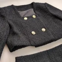 ツイード ダブルボタン セットアップ ノーカラー 黒 ブラック
