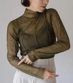 セレクトモカ　シアートップス　ハイネックシアーリンキングメロートップス オリーブ