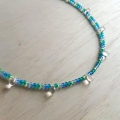 ビーズネックレス ブルー＆グリーン＆クリア　約50㎝