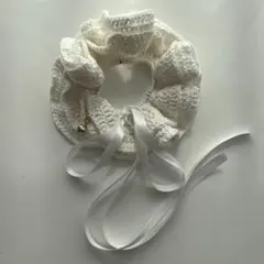ハンドメイド ビッグシュシュ リボン 白 ボリューム ハートチャーム 編み物