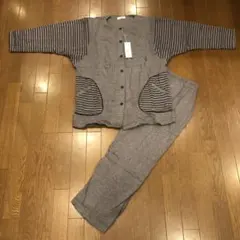 冬用　裏起毛　ストライプデザイン パジャマ Lサイズ　ピーチスキン　厚手　グレー