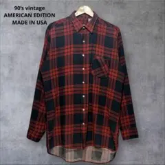 90s AMERICAN EDITION プリントネルシャツ USA製 赤紺 L