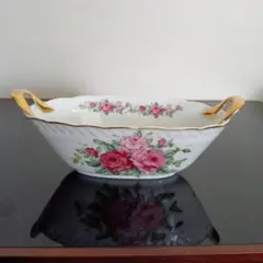 エトワール海渡 バラの花柄陶磁器オーバルバスケット幅約16.7cmx7.7cm