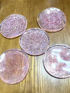 【北洋硝子　津軽びいどろ　未使用】 ピンクガラス小皿5枚セット