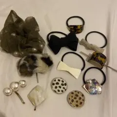 ヘアアクセセット ポニーフック シュシュ ヘアゴム ヒョウ柄 リボン パール