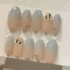 《現品》韓国 ワンホン ブルー グラデーション シンプル ラメ ストーン ネイル