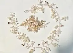 ウェディング ヘッドドレス 花と葉モチーフ　ピンクゴールド　2点セット