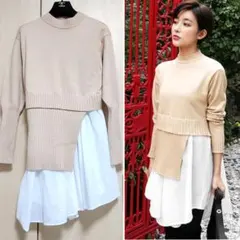 美品❤DHOLIC　アンバランスレイヤードニット　ベージュ　ホワイト　フィフス