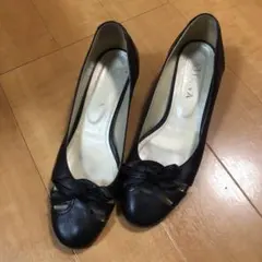 DIANA リボン付きブラックハイヒールパンプス 24cm WD