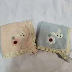 マタノアツコ　ループ付きウサギと花の刺繍　レースタオルハンカチ2枚セット
