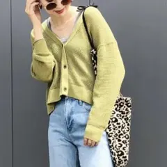 UNIQLO／メッシュショートカーディガン／グリーン／XL