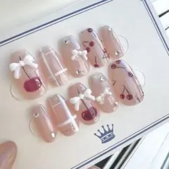 ネイルチップ フレンチガーリー リボン チェック さくらんぼネイル