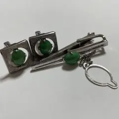 シルバー SV刻印 カフス ネクタイピン セット グリーンストーン メンズ