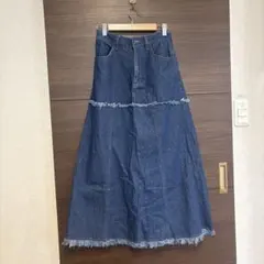 デニムブルー フリンジ付きロングスカート Mサイズ