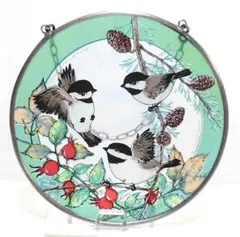 3匹のアメリカコガラ ヴィンテージ ステンドグラス 松ぼっくり 木の実 トロント