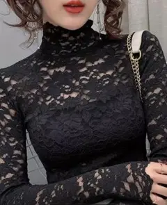 ✿ブラックL✿レース ブラウス シースルー トップス インナー 総レース 長袖