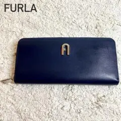 FURLA フルラ レザー 長財布 ネイビー ラウンドファスナー ロゴ