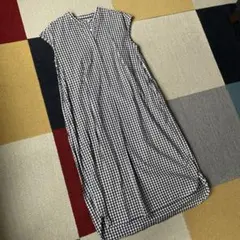 無印良品　ギンガムチェック　フレンチスリーブロングワンピース