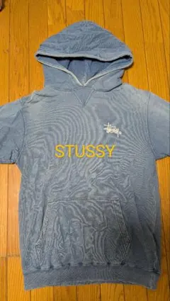 STUSSY デニム調半袖スウェットブルーパーカー フロントポケット付き　M