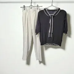 オフィスカジュアル　ボウタイニット　ベージュホワイトパンツ　ニット　L　S