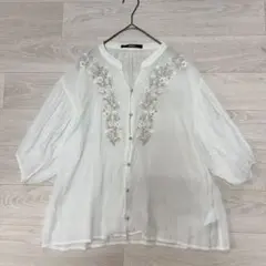 【OFALO】ブラウス　シャツ　五分袖　花柄刺繍　羽織り