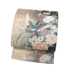 袋帯 花鳥紋九百錦 純銀純金箔 美しい花に鳥 生成色 KO-969