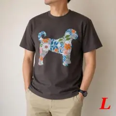 フローラルドッグシルエット Tシャツ ダークグレー L