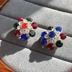 カラービジュー フラワーピアス 華やか ヴィンテージ風デザイン