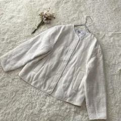 ZARA サイズM相当ホワイト ツイード調ノーカラーアウター