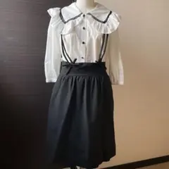 コムコム 吊りプリーツスカート サスペンダー ベスト トップス 黒