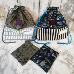 在庫整理　恐竜柄巾着袋2点セット　入園　入学　給食袋　コップ袋　ティッシュケース