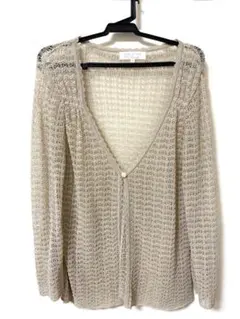 ラメ入りベージュ 透かし編み Vネックカーディガン Mサイズ