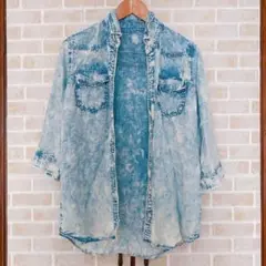 デニム風　七分袖　シャツ　薄手　ブルー　ダメージ