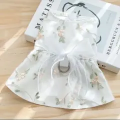 【セール】Sサイズ 小型犬用 ホワイト リボン 花柄 刺繍ドレス ワンピース
