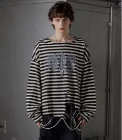 【GRANCY】 総柄ラインストーングラフィックロンT ボーダー