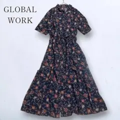 【グローバルワーク】花柄ロングシャツワンピース 半袖 フレア ウエストマーク L