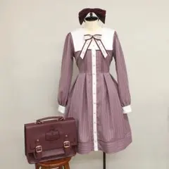 Amavel　スクエアセーラーストライプワンピース　ピンク