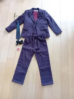 紫系チェック柄 スーツセット ネクタイ付き　110cm
