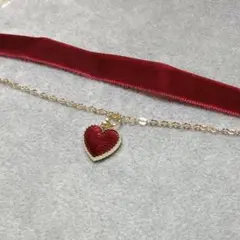 レッド別珍リボンゴールドカラーチェーンハート2連チョーカーネックレス赤起毛