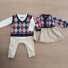 男女双子フォーマル ロンパース ワンピース風 アーガイル柄 2点セット