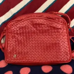 レディース編み込み赤ラムスキンショルダーバック