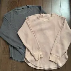UNIQLO ユニクロ ワッフルT リブ編み 長袖 グレー ピンク 2枚セット