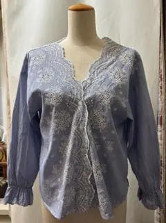 S ナチュラルビューティー　レース　刺繍　ストライプ　ブルー系　紺