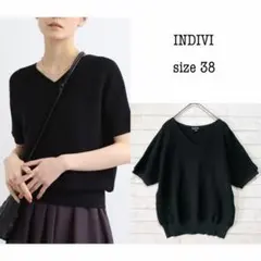 INDIVI Vネックガーター編みニット（38）黒【洗える／ラメ】リネンブレンド