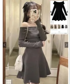 GRL オフショルダーニットフレアワンピース dr661 M グレー